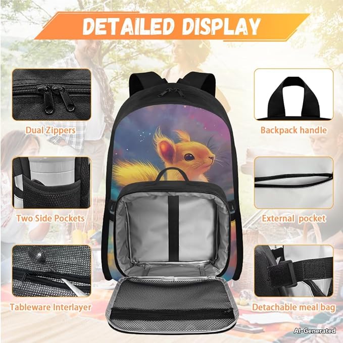 Doojoayie Elementary School Backpack for Girls Squirrel Bookbag with Lunch Box Kawaii Kids Backpack Ages 7-8 Girls School Supplies for Primary 1st Grade Schoolbag Traval Back Pack