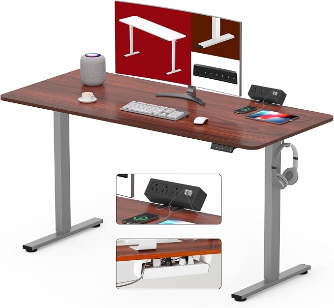 SANODESK Electric Standing Desk with Desk Clamp Power Strip 48"x 24" Whole-Piece Desktop Height Adjustable Stand Up Desk with Cable Management Sit Stand Home Office Desk Silver Frame/Mahogany Top