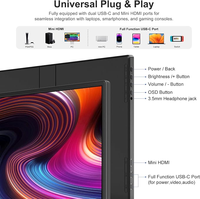 Anyuse 14" FHD 1920×1200 Portable Monitor – USB-C HDMI Ultra-Slim IPS Travel Display with Speakers, HDR Plug & Play, 400cd/m² Brightness, External Second Screen for Laptop PC Mac Phone