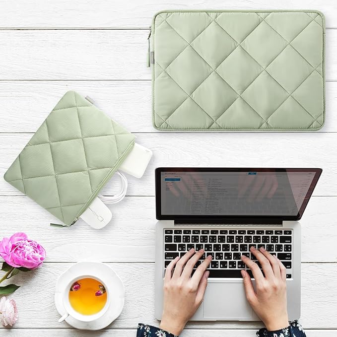 LANDICI Puffy Laptop Sleeve 15.6 Inch, Cute Laptop Case Compatible with MacBook Pro 16, 15.6-16 Inch Lenovo Acer Dell HP Asus, Slim Computer Bag with Accessories Pouch, Green
