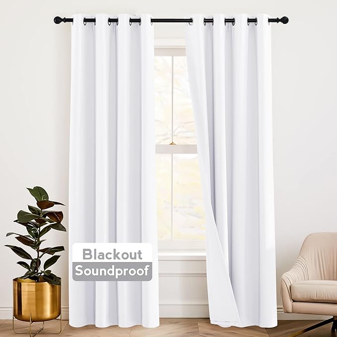 RYB HOME 3-in-1 Soundproof - Blackout - Thermal Insulation Living Room Divider Curtains, Large Window Noise Blocker Curtains for Bedroom Home Theatre Apartment, Pure White, W 52 x L 102, 2 Pcs