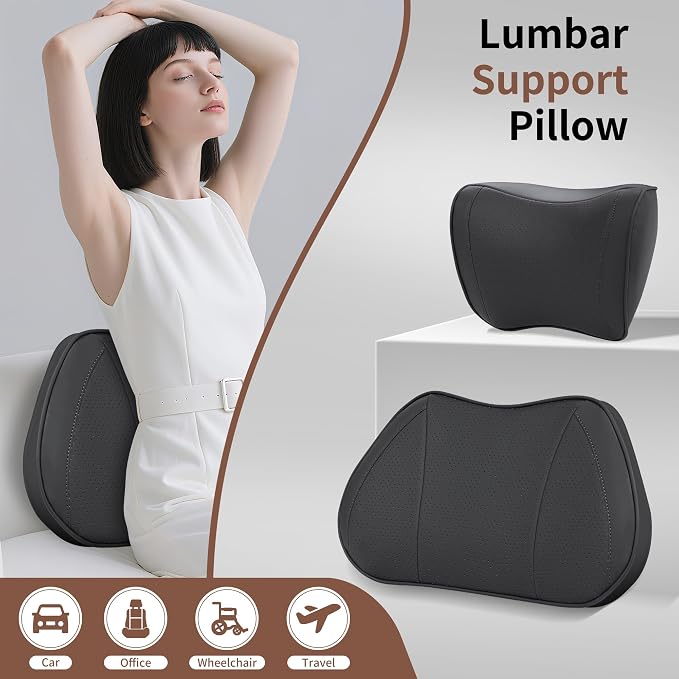 Car Lumbar Support Pillow for Driving Seat, Black, 1 Pack | Leather Memory Foam Lumbar Cushion for Lower Back Pain Relief, Universal Back Support for Driving, Home & Office Chairs