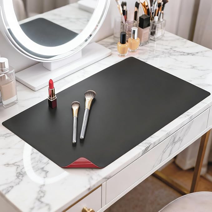 LovePads Makeup Mat for Vanity, 14 x 24 Dual-Sided Desk Pad & Vanity Cover Top, Waterproof PVC Protector Mat for Dresser, Nail Art, Craft Table (Black+Red)
