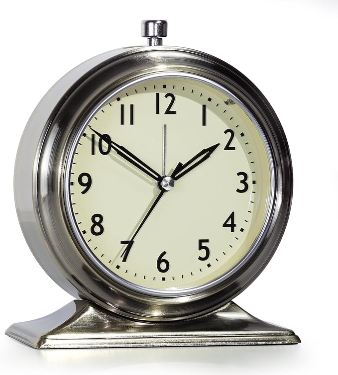AYRELY® 5.5" Vintage Metal Alarm Clock, Desk and Table Clock for Shelf | Battery Operated Silent Analog Clock with Light for Living Room,Mantel, Bedside and Home Decor (Gold)