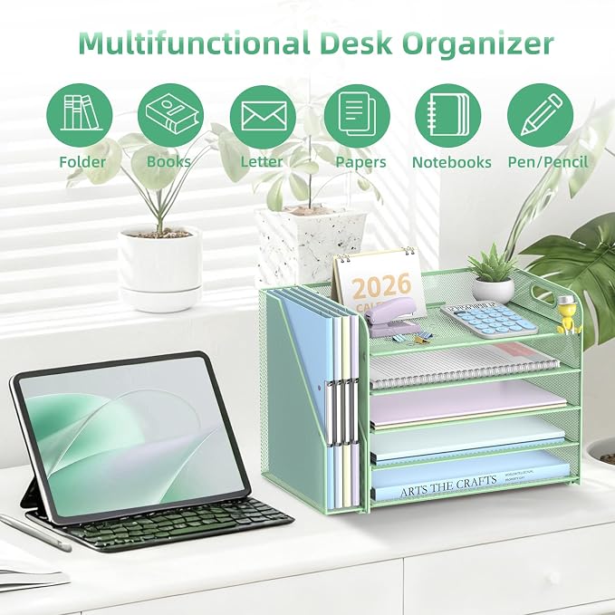 5-Tier Desk Organizer with File Holder, Paper Organizer, Mint Green | 5 Letter Trays and Vertical File Holder with Metal Mesh Frame for Papers Folders Books and Mail in Office Home or School