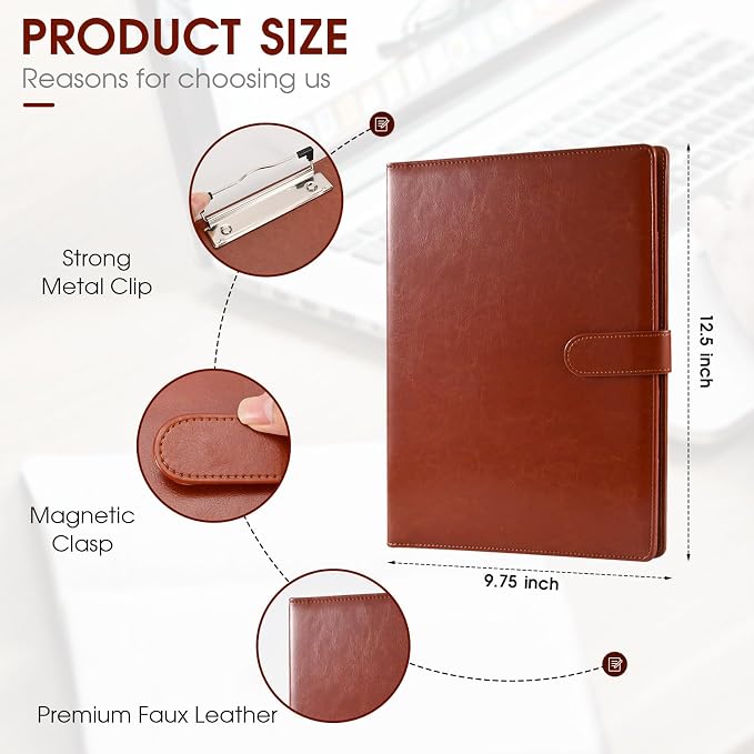 Professional Portfolio Binder with Clipboard, Faux Leather Padfolio Organizer for Resume, Interview Business Conference, Legal Pad Holder for A4 Letter Size Notepad with Multi-Pocket Storage (Brown)