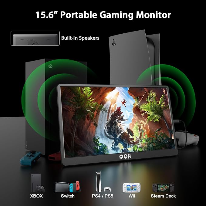 QQH Portable Monitor, 15.6" Portable Travel Monitor for Laptop 1080P FHD IPS Second Screen, Gaming Monitor, USB C HDMI External Monitor Display for Computer Phone PC PS4 PS5 Xbox Switch (Z1-9-G)
