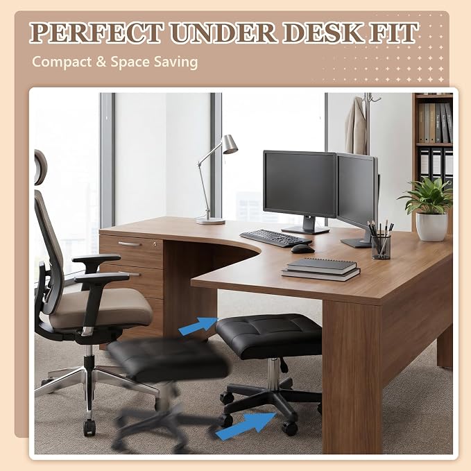 Wesiti Under Desk Foot Rest with Wheels, Adjustable Rolling Foot Stool Ottoman with Lockable Casters, PU Padded Leg Support for Office, Home, Pedicure & Workstation
