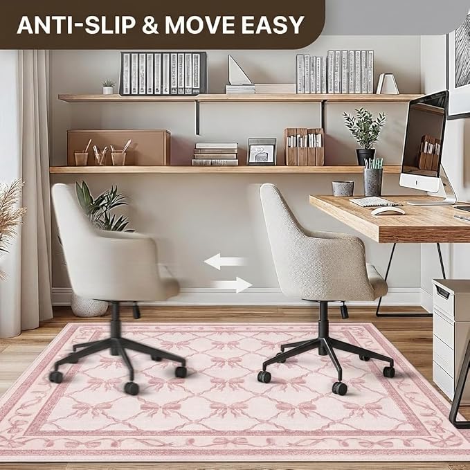 48"x60" Office Chair Mat for Hardwood Tile Floor, Under Desk Carpet Protector for Rolling Computer Chair Mat, Machine Washable Area Rug, Anti-Slip 1/5" Thick Low Pile Thin Vinyl Floor Mat, Baby Pink