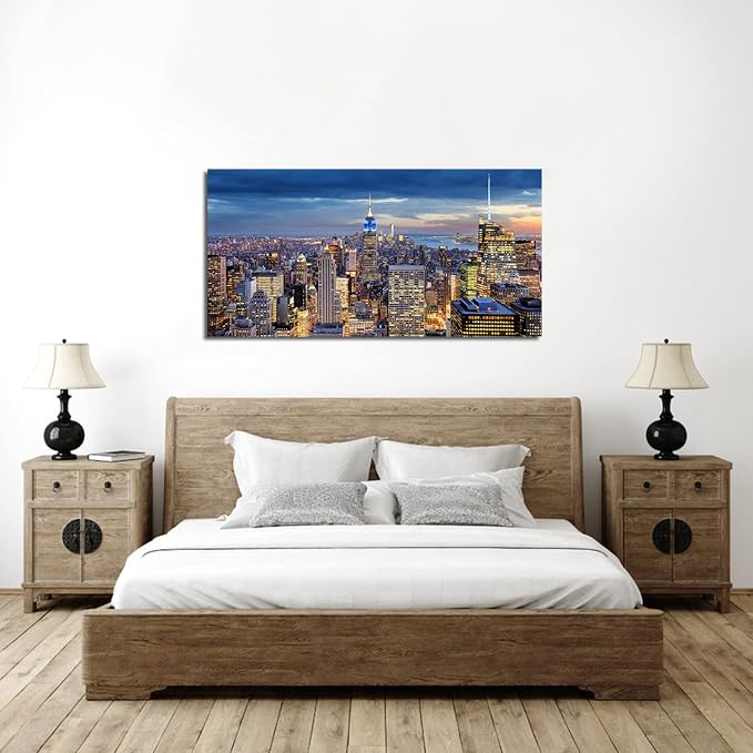 Large New York City Wall Art NYC Skyline Picture Office Wall Decor Modern Manhattan Cityscape Canvas Prints Night City Urban Skyscraper Panoramic Artwork for Bedroom Living Room Home Decoration 24x48"
