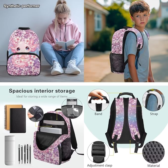 Cherry Blossoms Axolotl Girls School Backpack Set 4 PCS, 17 Inch Cute Cartoon Bookbag with Insulated Lunch Bag for Kids Ages 6-8 Elementary Back to School Supplies