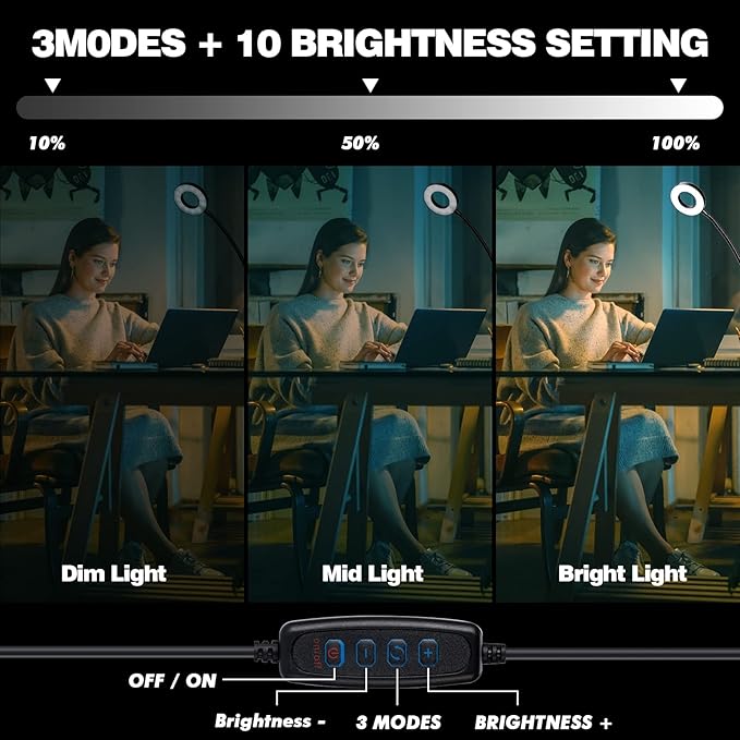 LED Desk Lamp with Clamp for Video Conference Lighting, USB Light for Laptop Zoom Meeting, Clip on LED Ring Light for Computer Webcam Lighting Dimmable Black
