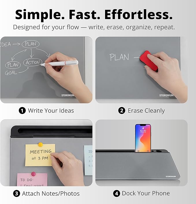Magnetic Desktop Whiteboard with Storage, Desk Organizer Dry Erase Frosted Glass White Board with Strong Magnets and Phone Stand, Premium Desk Organizer for Home Office and School Supplies