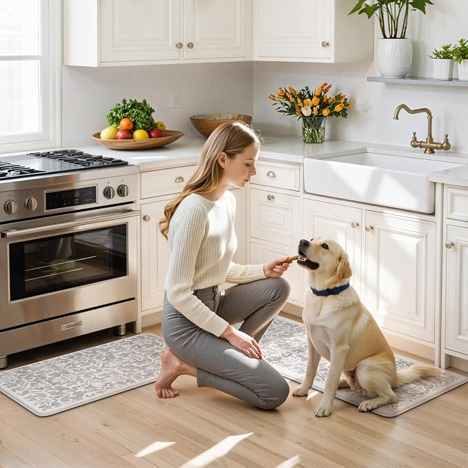 LEEVAN Cushioned Kitchen Mats for Floor Sets of 2,Vintage Distressed Grey Anti-Fatigue Kitchen Mat for Laundry,Non Slip Waterproof Standing Mat for Home,Office,Desk,Sink(17''x29''+17''x47'')