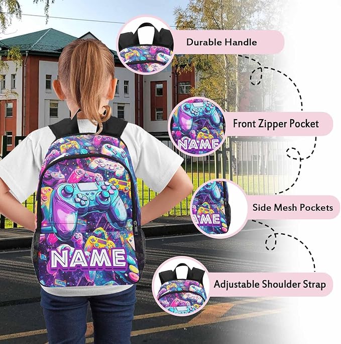 Personalized Gamer Player Kids Backpack for Boys-Custom School Backpack and Lunch Box Set with Name-Back to School Supplies for Preschool Elementary Kindergarten-Cool Colorful Casual Bookbag Schoolbag