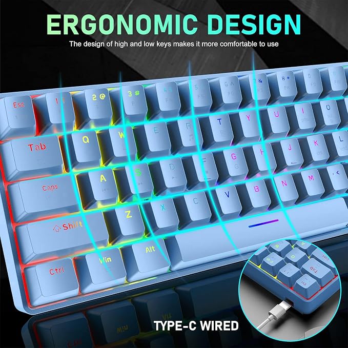 65% Wired Gaming Mechanical Keyboard and Mouse Combo, Mini 68 Keys, RGB Backlight, Lightweight RGB Optical Mouse,Mouse Pad Compatible with PS4,Xbox,PC,Laptop,MAC (Blue/Blue Switch)