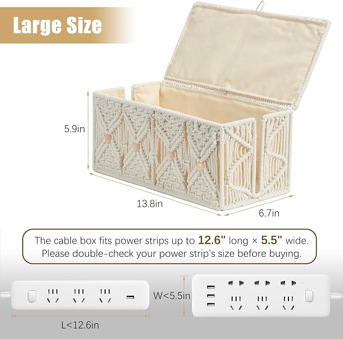 Cable Management Box Handmade Macrame Cord Storage Organizer | Power Strips Outlet Router Adapter TV Wire Hider Cover Under Desk Natural Cotton Rope Woven Basket w/ Lid, Off White, Large