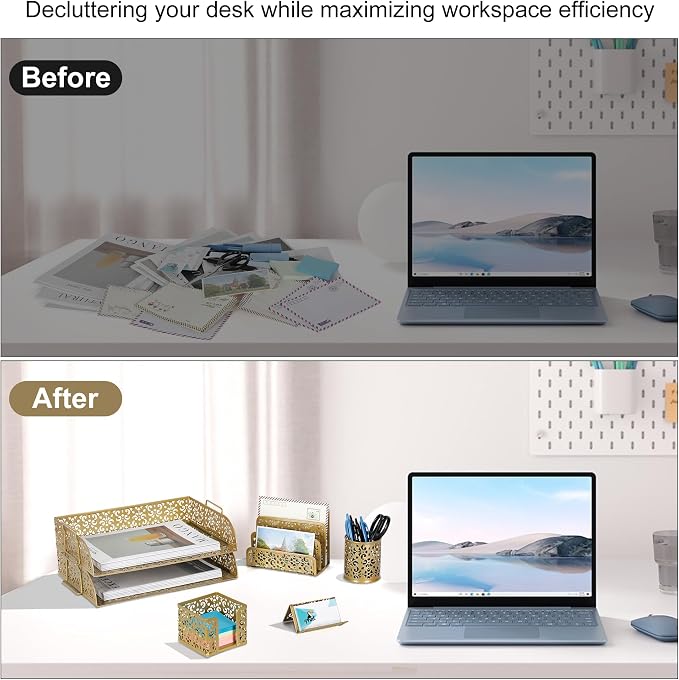 EasyPAG Desk Organizers and Accessories 5 Pieces Office Supplies Set - 2 Tier Paper Tray, Pencil Organizer for Desk, Mail Sorter Countertop, Business Card Holder and Sticky Note Holder, Gold