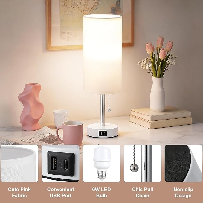 Dicoool Small Bedside Table lamp for Bedroom - 3 Color Modes, Desk Lamp with USB-C and USB-A Charging Ports, Pull Chain, Nightstand Light for Office, Kids Room, Dorm Lamp