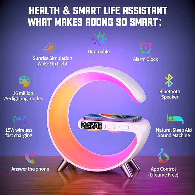4 In 1 Smart LED Table Lamp, Alarm Clock, Wireless Charger, Night Light, Bluetooth Speaker with App Control, Bedside Lamp for Bedroom, Office, Home Decor, Family, Girls Boys Birthday Festival Gifts
