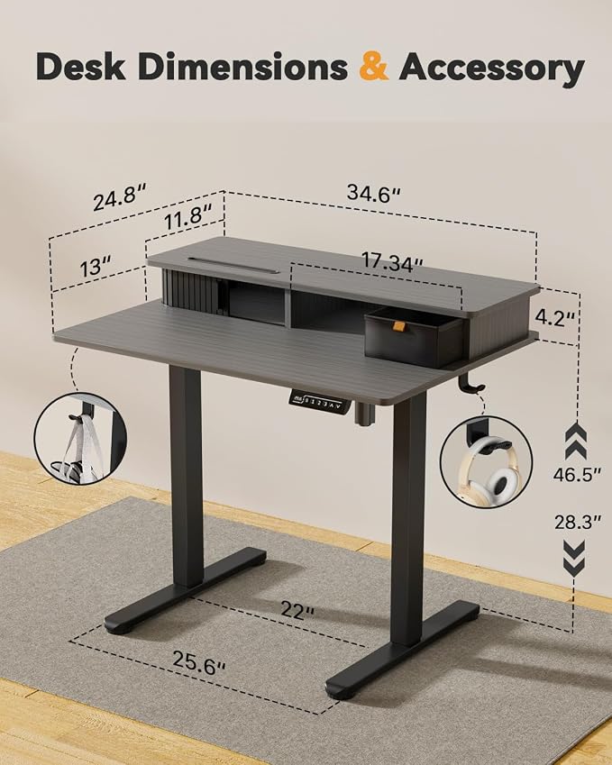 JOY worker 35" Electric Standing Desk Height Adjustable with Storage Shelf | Grey 35" x 25" Height Adjustable Desk for Small Space, Shutter Door & Drawer, Sit Stand Table with 2 Hooks for Home Office