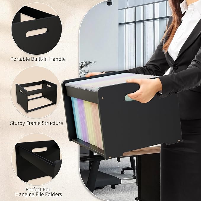 Bamboo Hanging File Organizer, Desktop File Box, Open Top, 1 Pack, Black | Open-Top Access, 2 Hanging Folders Included, Letter & Legal Files, Sliding Rails, Reinforced Handles, Easy Assembly