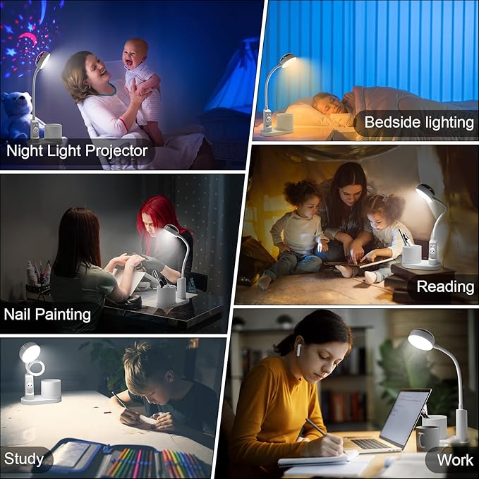 Cute Desk Lamp for Home Office, Touch Small Table Light for Kids | Eye-Care Dimmable Bedside Reading Light, Flexible Gooseneck, Star Projector Night Light with Pen Holder for College Dorm