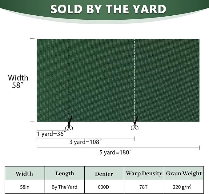 Waterproof Canvas Fabric by The Yard 58inch 600D Upholstery Material Polyester Fabric Outdoor Water Resistant Fabric for Sewing Chair Patio Cushion Purse Bag Interior, 15 Yard Green