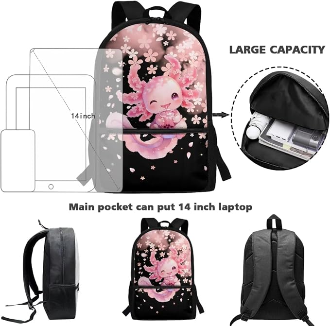 WELLFLYHOM 17 Inch Axolotl School Backpack for Kids Girls, Cherry Blossom 4PCS Set Pink Elementary Bookbag with Lunch Box for 6-11 Years, Back to School Supplies
