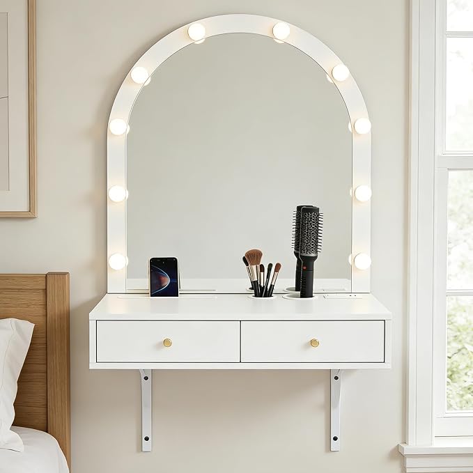 Merax White Floating Vanity Desk Vanity Mirror with Lights, 3 Color Adjustable, 2 Storage Drawers & Charging Station, Wall-Mounted Makeup Vanity Shelf for Bedroom Hairdressers, 31" D x 54" H
