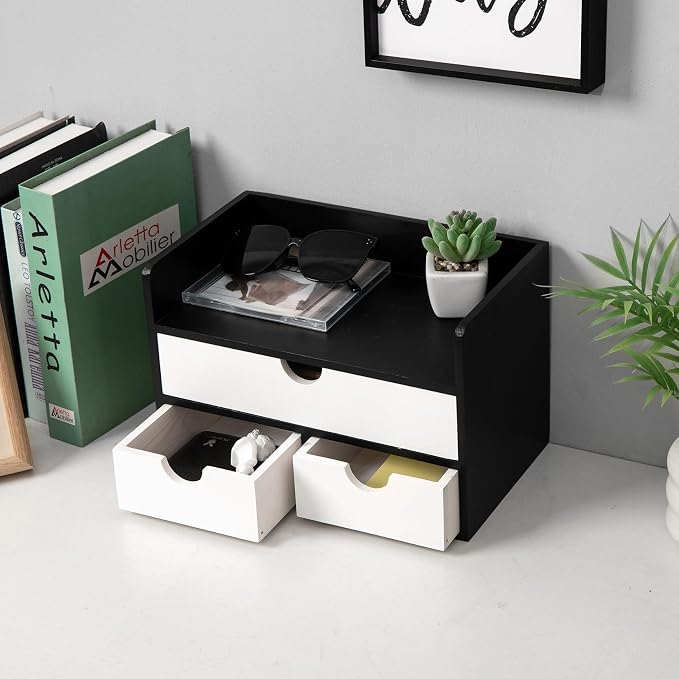 Rustic Wood Desk Organizer with Drawers,3-Drawer Desktop Storage Box | Two-Tone Black & White‌ 3 Drawers Shelf Pens, Notes, Makeup, Jewelry & Toiletries for Office, Bath Vanity Office Supplies