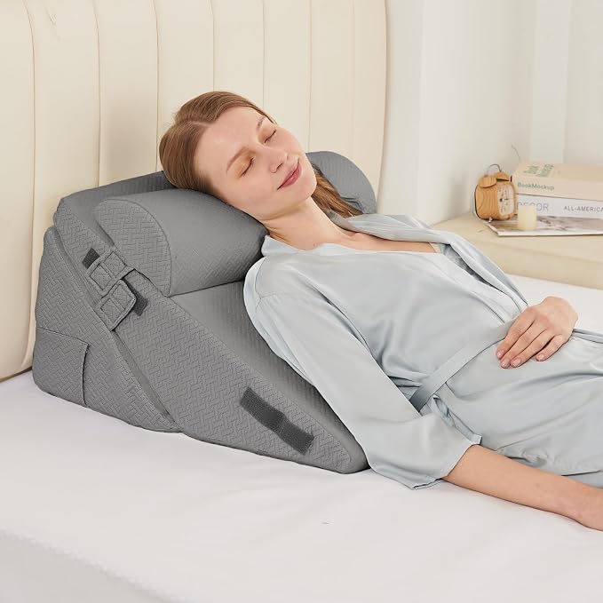 Sasttie Adjustable Wedge Pillow Set for After Surgery, Dark Grey | Bed Wedge Pillow Headboard with Memory Foam Neck Cushion, for Acid Reflux, Sleeping, Neck & Back Support