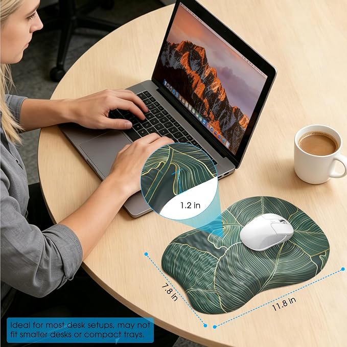 MROCO Ergonomic Mouse Pad with Wrist Support, 11.8 x 7.8 in, Green Leaves | Memory Foam Wrist Rest Mouse Pad, Non-Slip Base, Smooth Lycra Surface for Office & Home, Comfortable Wrist Support