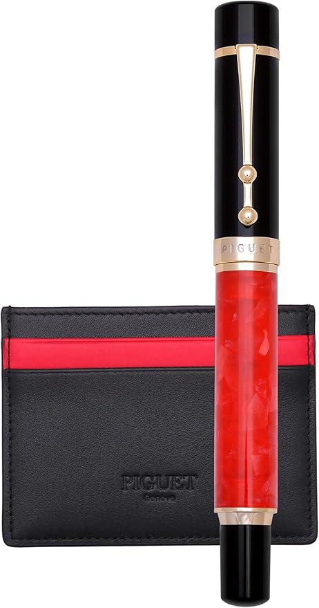 Piguet Genève – Luxury Fountain or Rollerball Pen Business Gift Set with Genuine Leather Card Holder, Premium Office Executive Gift (Fountain Pen, Rouge Set)