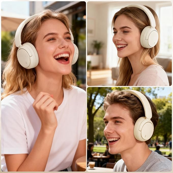 Bluetooth Headphones with Active Noise Cancelling (ANC), Wireless Over Ear Bluetooth Headsets with 35H Playtime, HiFi Stereo Foldable Headphones with Foam Ear Cups for Sports, Travel, White