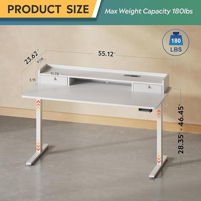 DEVAISE 55 Inch Standing Desk with Sheft, Ergonomic Computer Desk, White | LED Touchscreen, Headphone Hook, 3 Memory Preset, Home Office