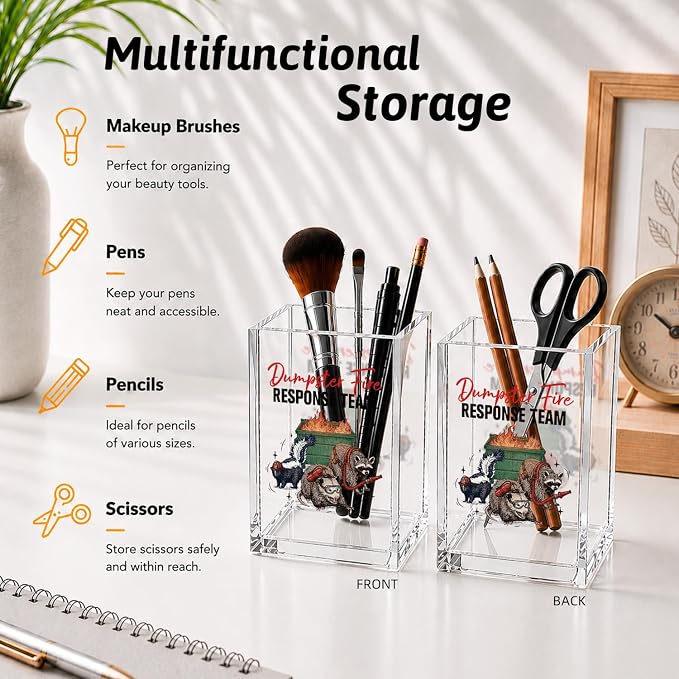 Dumpster Fire Response Team Funny Acrylic Cosmetic Pencil Pen Holder Desk Organizer Clear Crack Resistant Desk Organizer, Gifts for Coworkers Team Members Manange Leader Colleague Boss Friends
