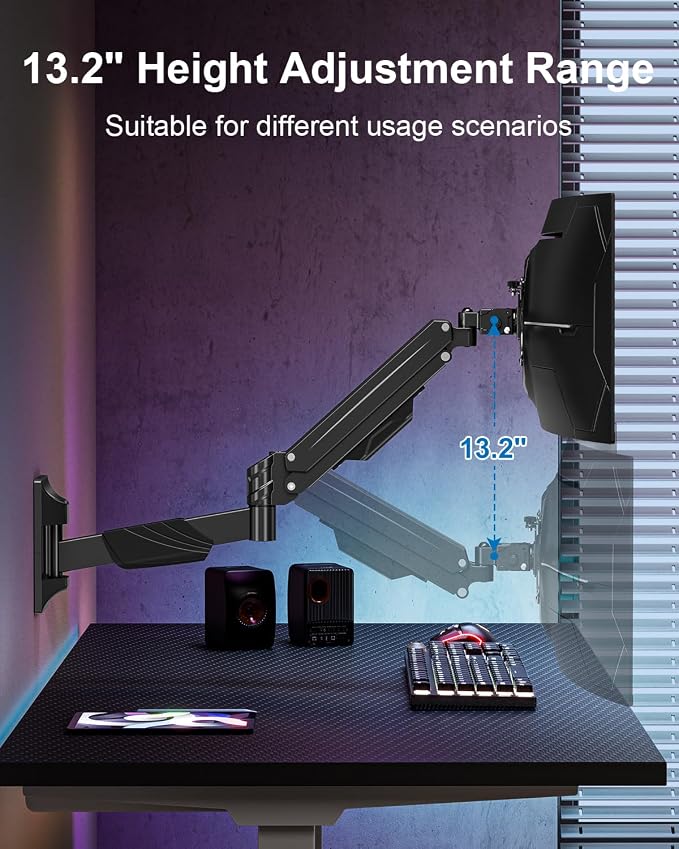 Single Monitor Wall Mount for Max 43" Holds up to 33.1lbs Screen | Wall Monitor Mount for Ultrawide Computer Screen, Height Adjustable Full Motion Gas Spring Vesa Wall Mount, Max 200x200mm