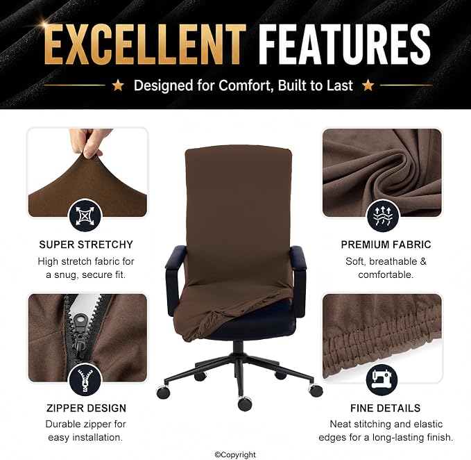 DIVA EN CAMINO DEC Universal Stretch Office Chair Cover with Durable Zipper, Soft Slipcover for Desk or High Back Chair, Mocha