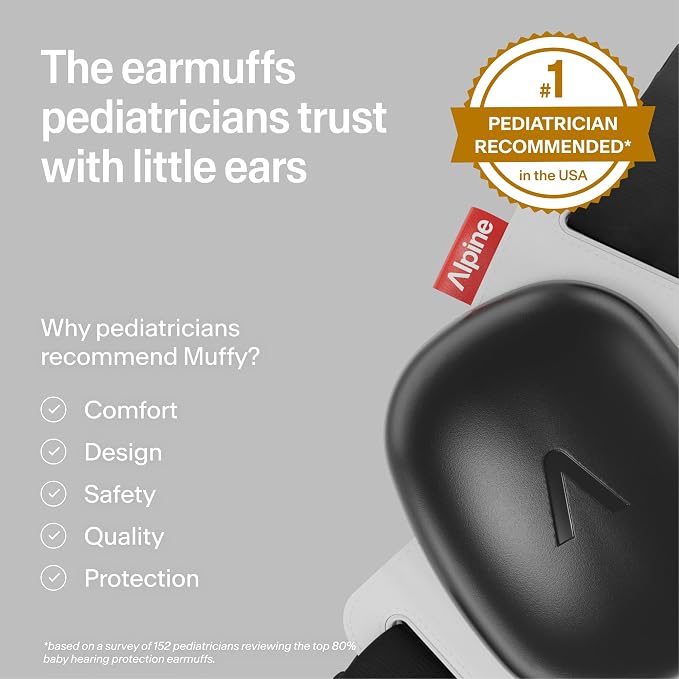 Alpine Muffy Baby Comfort - Protects Hearing for Babies and Toddlers - CE & ANSI Certified - Headband for Safe fit & Comfort - Adjustable for Ages 3-48 Months - 24dB Sound Reduction, Black