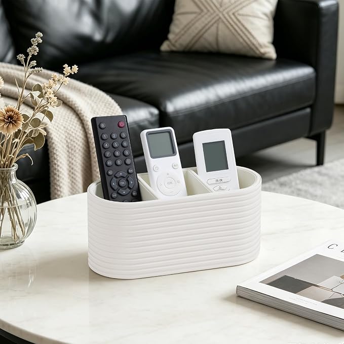 Remote Control Holder, Oval Pen Holder for Desk, Ivory | 3-Compartment Desk Caddy for Remotes, Glasses, Pens, PU Leather Small Desk Organizer for Nightstand, Coffee Table, Office