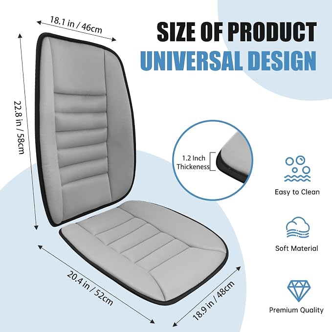 Car Seat Cushion, Memory Foam Cushion with Back Support, Gray | Seat Cushion for Full Back and Seat, Ideal for Car Seat Driver, Office Chair, Wheelchair and Back Pain Relief