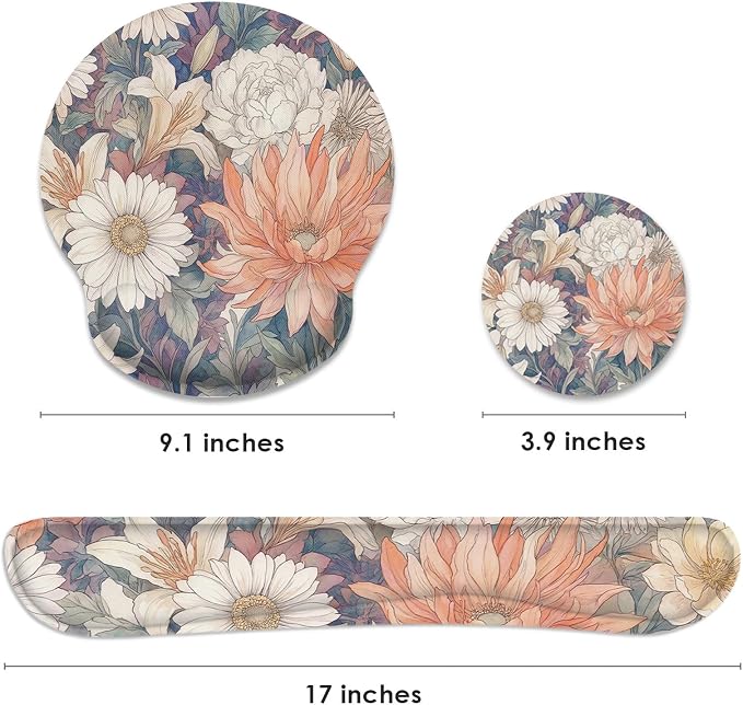 Britimes Floral Vintage Daisy Cottagecore Ergonomic Mouse Pad Set with Wrist Rest Non-Slip Rubber Base Wrist Cushion Support and Coasters Mousepad with Wrist Support for Computer Keyboard and Desk