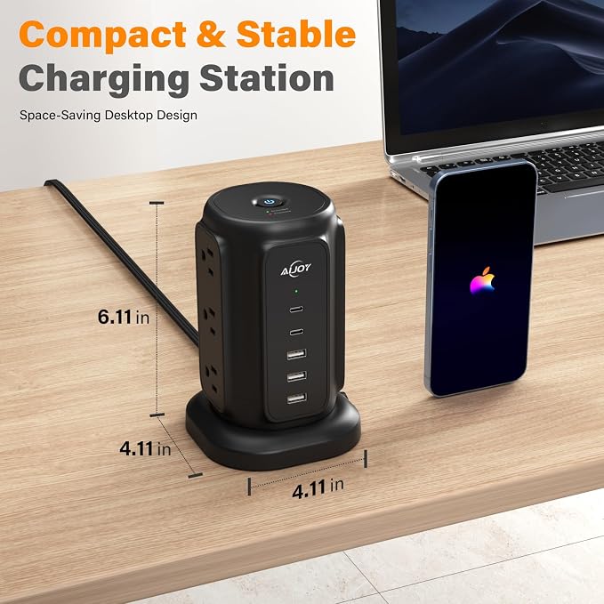 AiJoy Flat Plug Power Strip Tower with 9 AC Outlets and 5 USB Ports | USB Charging Station with 1200J Protection, 6 Feet Extension Cord, Office Desk Accessories for Men, Dorm Essentials for Guys