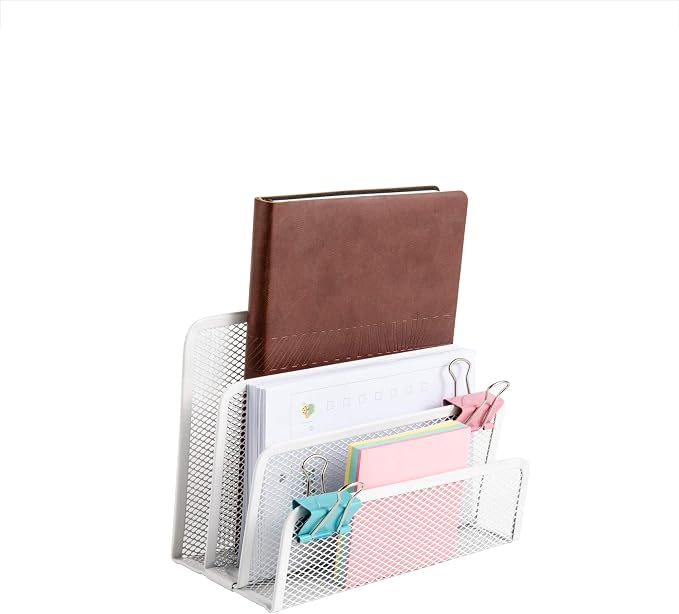 VANRA Small Letter Sorter Desktop File Holder Organizer Metal Mesh with 3 Vertical Upright Compartments (White)