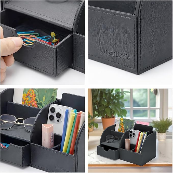 UnionBasic Desk Organizer - Multifunctional Leather Desktop Pen Holder Storage Box - Business Card/Pen/Pencil/Mobile Phone/Stationery Holder, Taiga Dark Gray