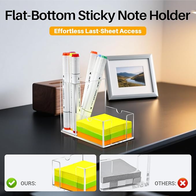 Sticky Note Holder, Crystal Clear Acrylic Pen and Sticky Note Dispenser for 3x3 Inches Note Pads, Simple Phone Stand for Office Home School Dorm Room Desk Organizer(No Pads) (1)