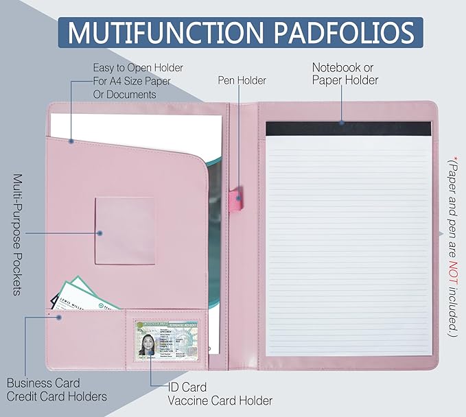 Padfolio Portfolio Folder Portfolio Organizer for A4 Size Pad - Faux Leather Folder with Storage Pocket, Card Holders & Pen Loop for Business Meeting, Office, Student (Pink)