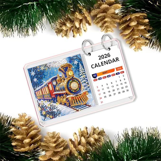 2026 Standing Desk Calendar DIY Diamond Art Painting Monthly Flip Desktop Calendar Mosaic Kits Acrylic Tabletop Calendars Diamond Art Craft Supplies Planner for Office Home Decor-Train