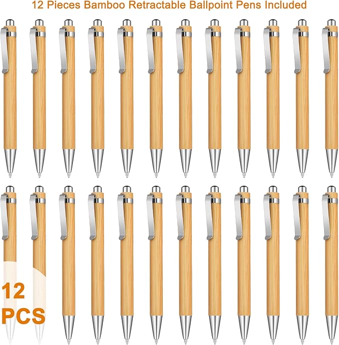 Outus 12 Pieces Bamboo Wooden Retractable Ballpoint Pen Black Ink 1 mm Pens Refills Products Set for Gifts Writing Office School Student Supplies